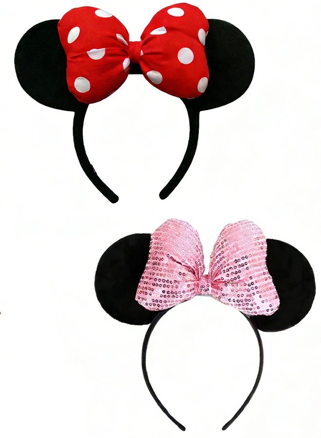 Disney 2PCS Mickey Ear Sparkling Headbands Black/Red Black/Pink 14 inches - Image 1